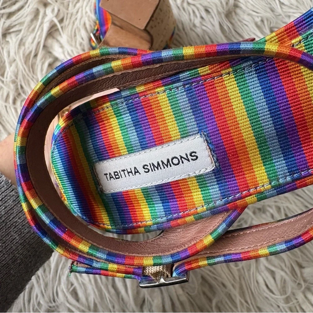 TABITHA SIMMONS Calla Rainbow Silk Ankle Strap Cork Wedge Platform Heel EUC 38.5
